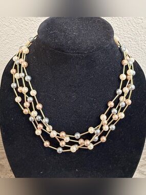 Gold Tone Avon Tri Color Faux Pearls Beaded Multi Strand Necklace Choker‎ 18”